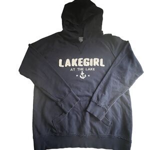 Lake Girl Womens Hoodie L Navy Blue Embroidered Lettering 100% Cotton